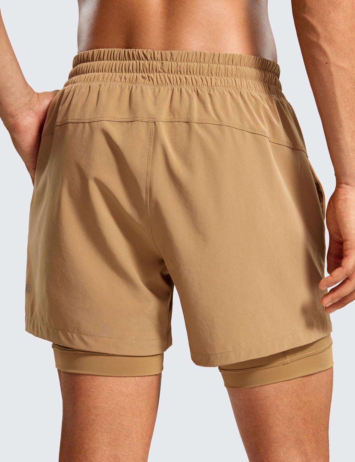 imageCRZ YOGA Mens 2 in 1 Long Liner Shorts 5quot Lined Running Quick Dry for Workout Gym Basketball Athletic with PocketsKhaki Sand