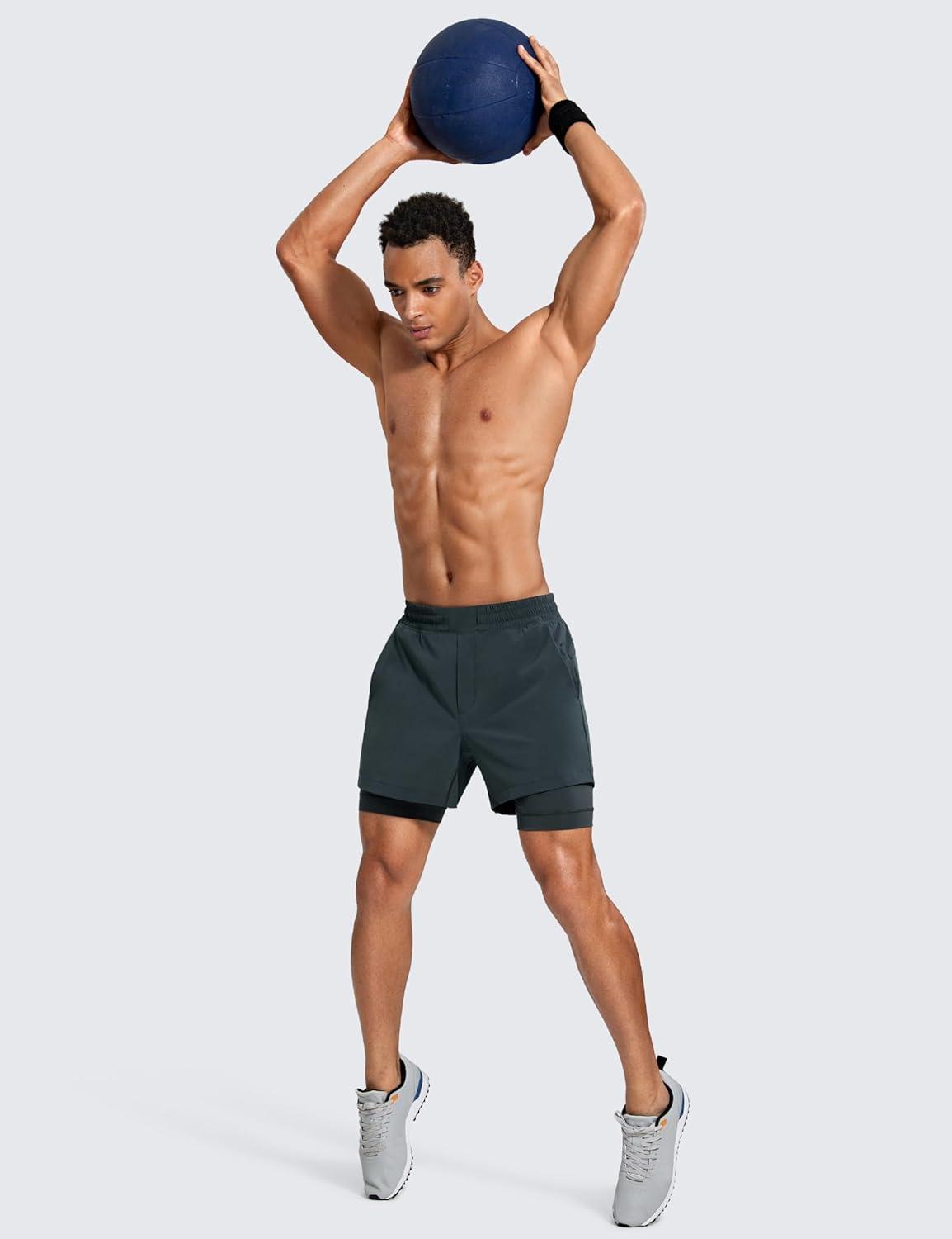 imageCRZ YOGA Mens 2 in 1 Long Liner Shorts 5quot Lined Running Quick Dry for Workout Gym Basketball Athletic with PocketsMelanite