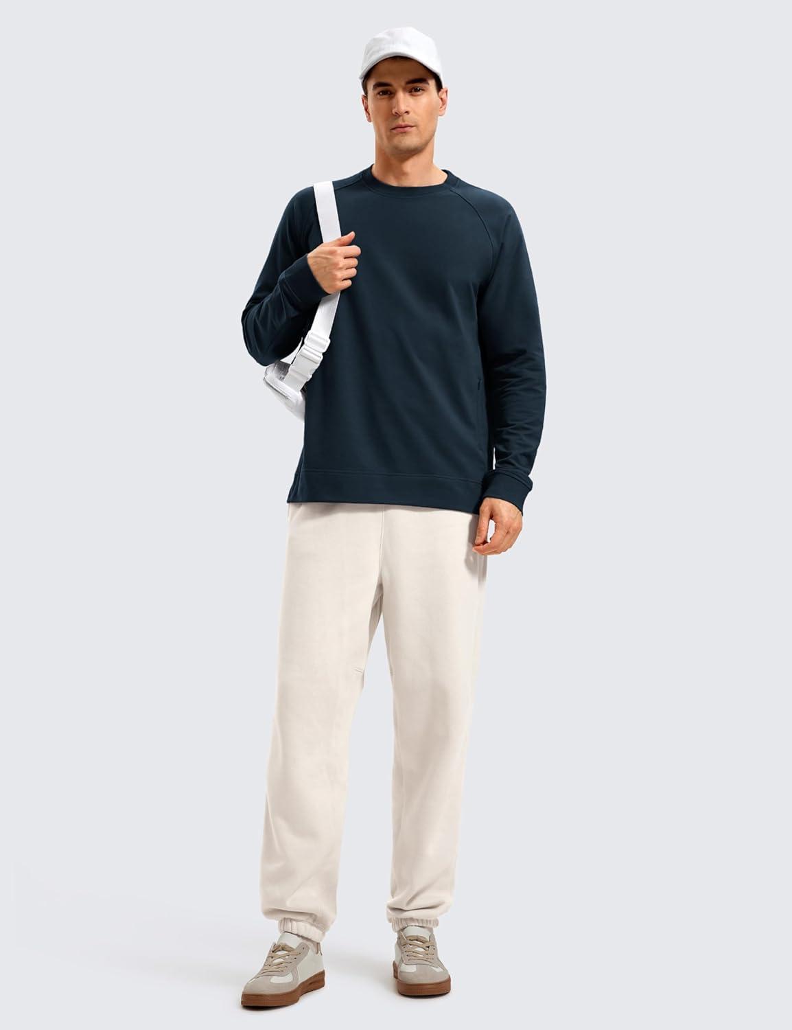 imageCRZ YOGA Mens Crewneck Sweatshirts French Terry Athletic Workout Sweat Shirts Casual Pullover Tops with Zipper PocketTrue Navy