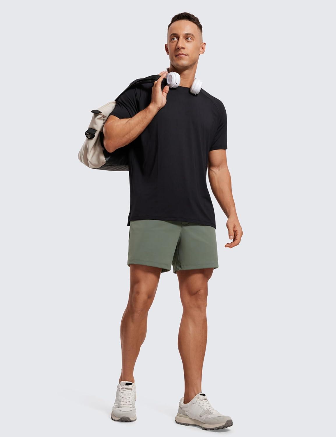 imageCRZ YOGA Mens FourWay Stretch Workout Shorts 5 Soft Durable for Casual Athletic with PocketsGrey Sage