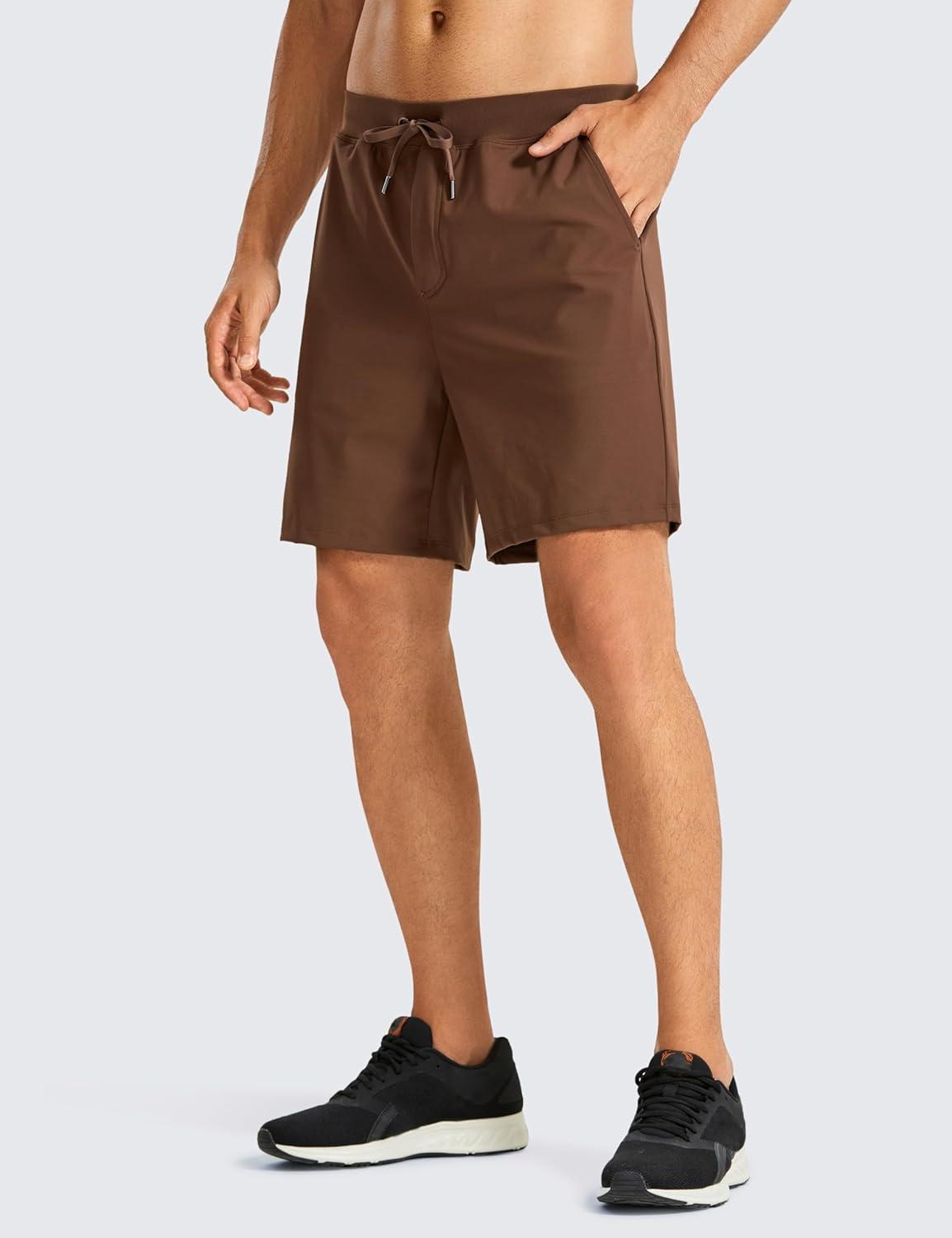 imageCRZ YOGA Mens FourWay Stretch Workout Shorts 7 Soft Durable for Casual Athletic with PocketsDark Brown