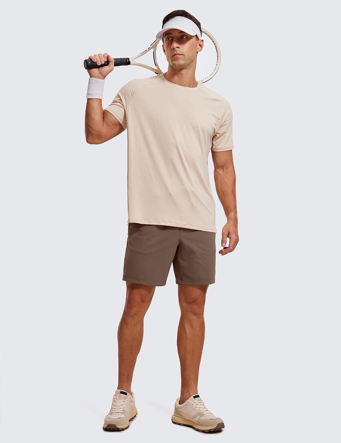 imageCRZ YOGA Mens FourWay Stretch Workout Shorts 7 Soft Durable for Casual Athletic with PocketsDark Olive Brown