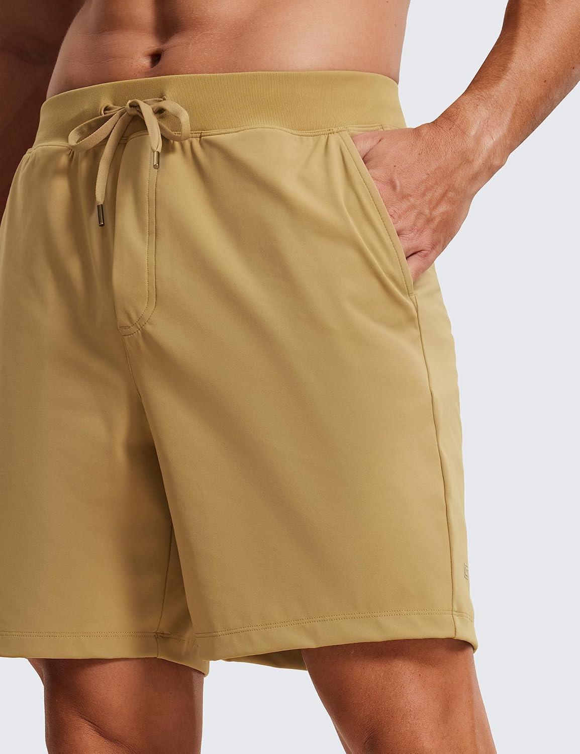 imageCRZ YOGA Mens FourWay Stretch Workout Shorts 7 Soft Durable for Casual Athletic with PocketsKhaki Sand
