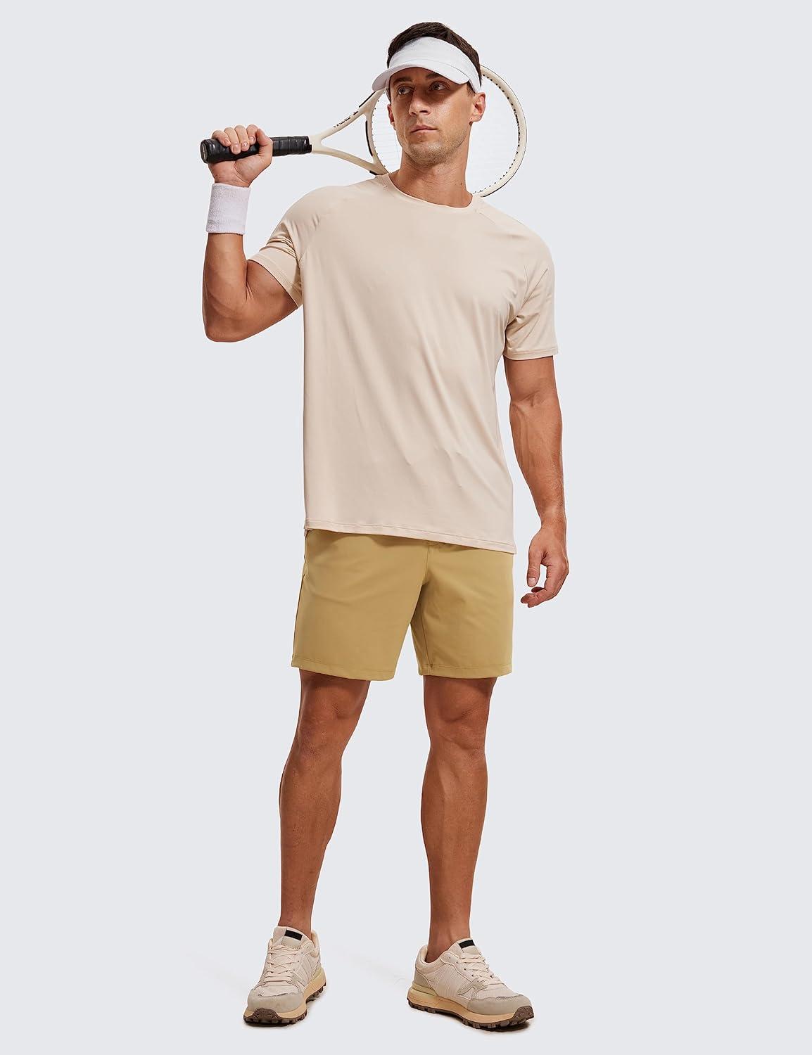 imageCRZ YOGA Mens FourWay Stretch Workout Shorts 7 Soft Durable for Casual Athletic with PocketsKhaki Sand