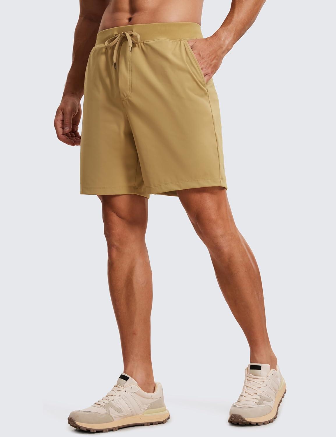 imageCRZ YOGA Mens FourWay Stretch Workout Shorts 7 Soft Durable for Casual Athletic with PocketsKhaki Sand