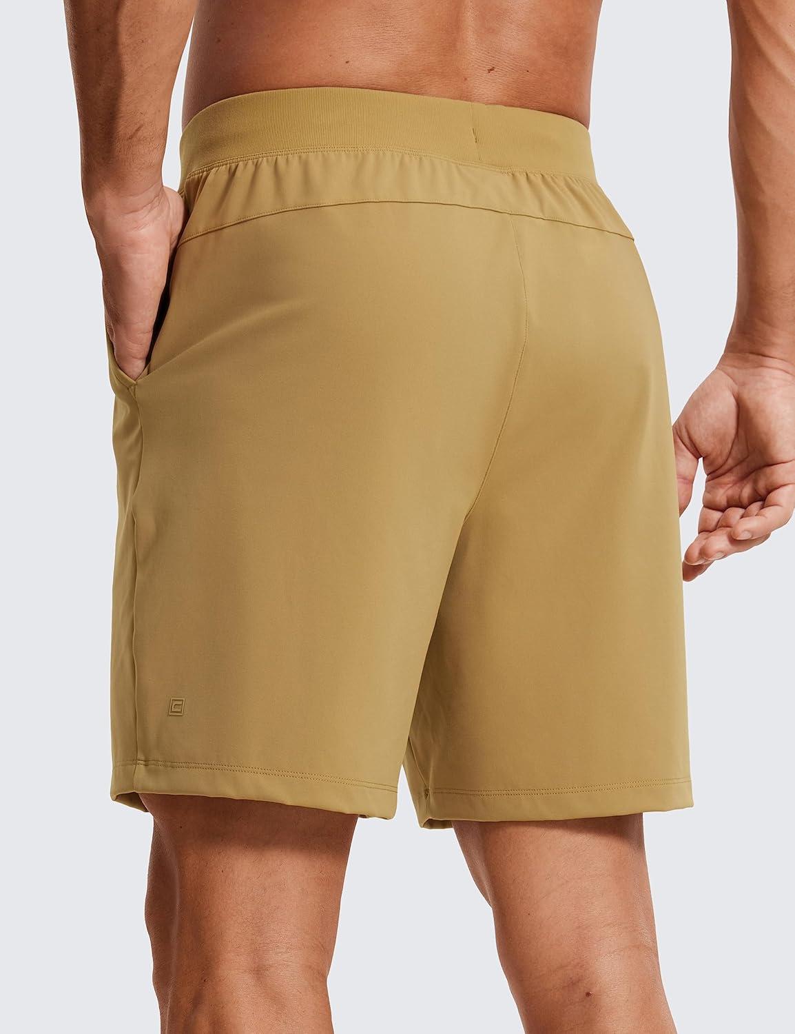 imageCRZ YOGA Mens FourWay Stretch Workout Shorts 7 Soft Durable for Casual Athletic with PocketsKhaki Sand
