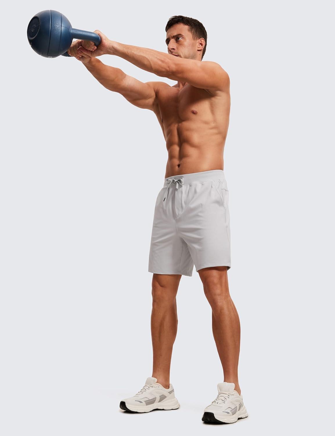 imageCRZ YOGA Mens FourWay Stretch Workout Shorts 7 Soft Durable for Casual Athletic with PocketsPlatinum Grey