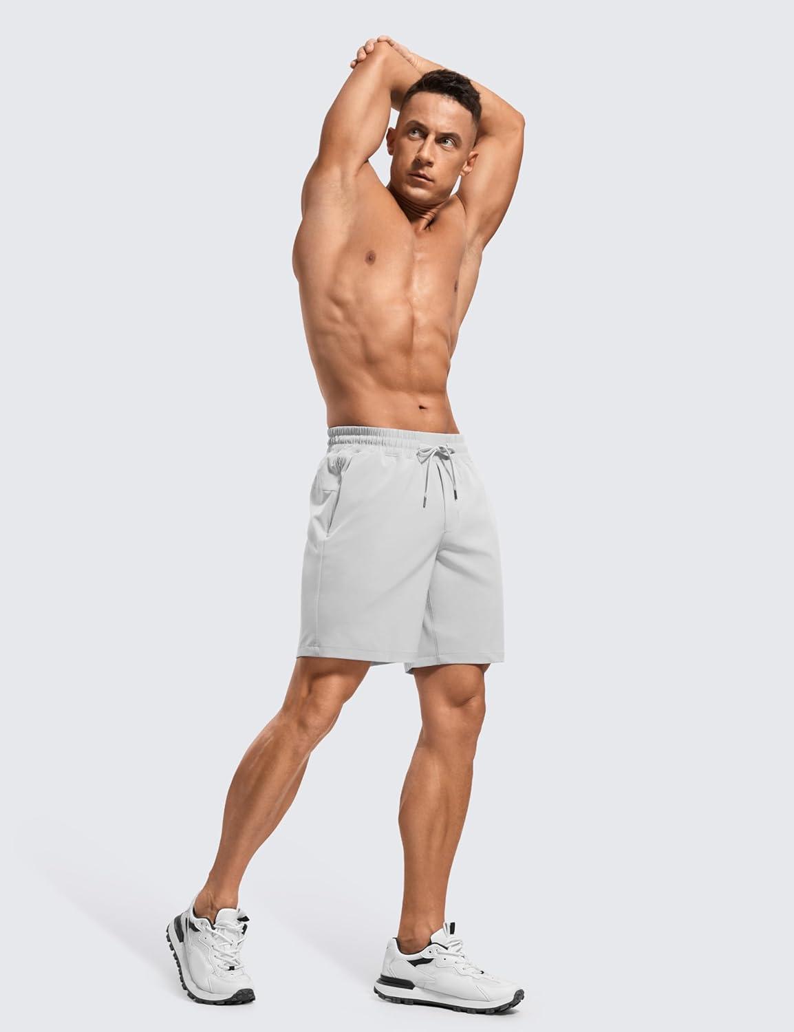 imageCRZ YOGA Mens Linerless Workout Shorts 7 Quick Dry for Running Sports Athletic Gym with PocketsPlatinum Grey