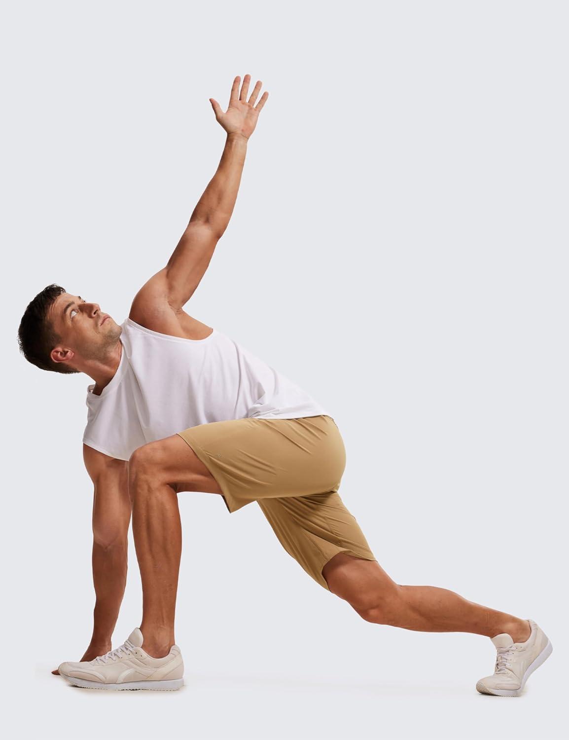 imageCRZ YOGA Mens Linerless Workout Shorts 9 Quick Dry for Running Sports Athletic Gym with PocketsKhaki Sand