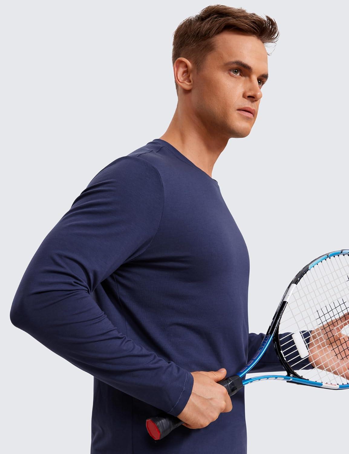 imageCRZ YOGA Mens Long Sleeve Basic Shirts Moisture Wicking Workout Tops Casual Crewneck Comfort TShirtNight Sea Blue