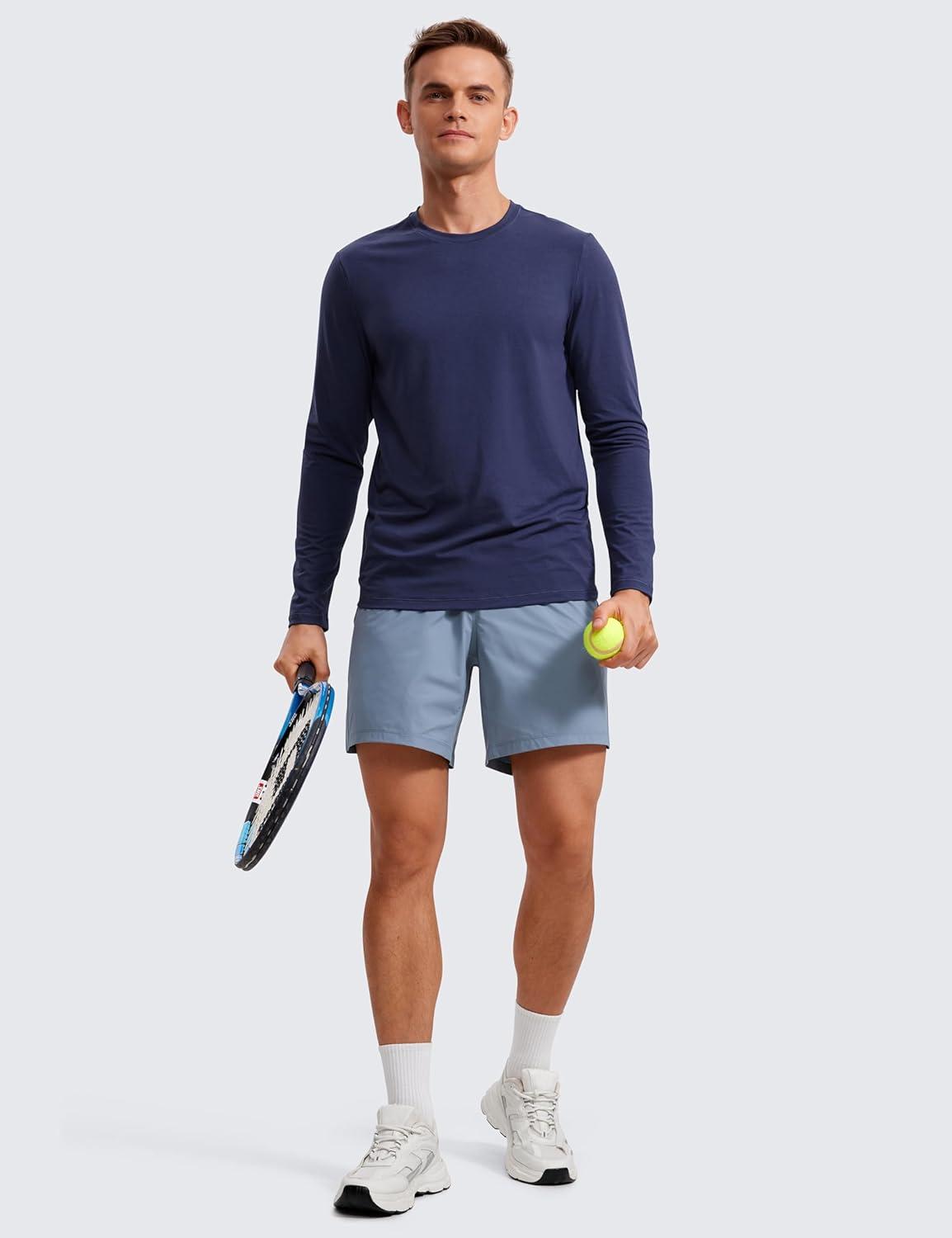 imageCRZ YOGA Mens Long Sleeve Basic Shirts Moisture Wicking Workout Tops Casual Crewneck Comfort TShirtNight Sea Blue