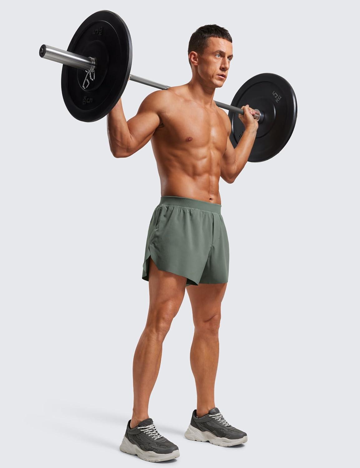 imageCRZ YOGA Mens Side Split Running Shorts 4 Quick Dry for Athletic Gym Workout with Zip Pocket and Brief LinerGrey Sage