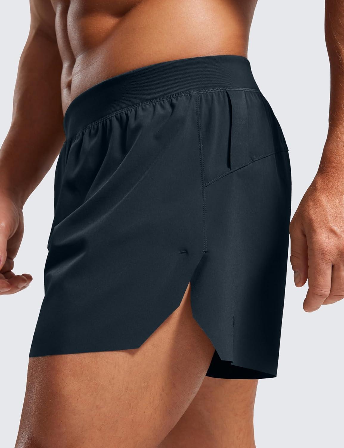 imageCRZ YOGA Mens Side Split Running Shorts 4 Quick Dry for Athletic Gym Workout with Zip Pocket and Brief LinerTrue Navy