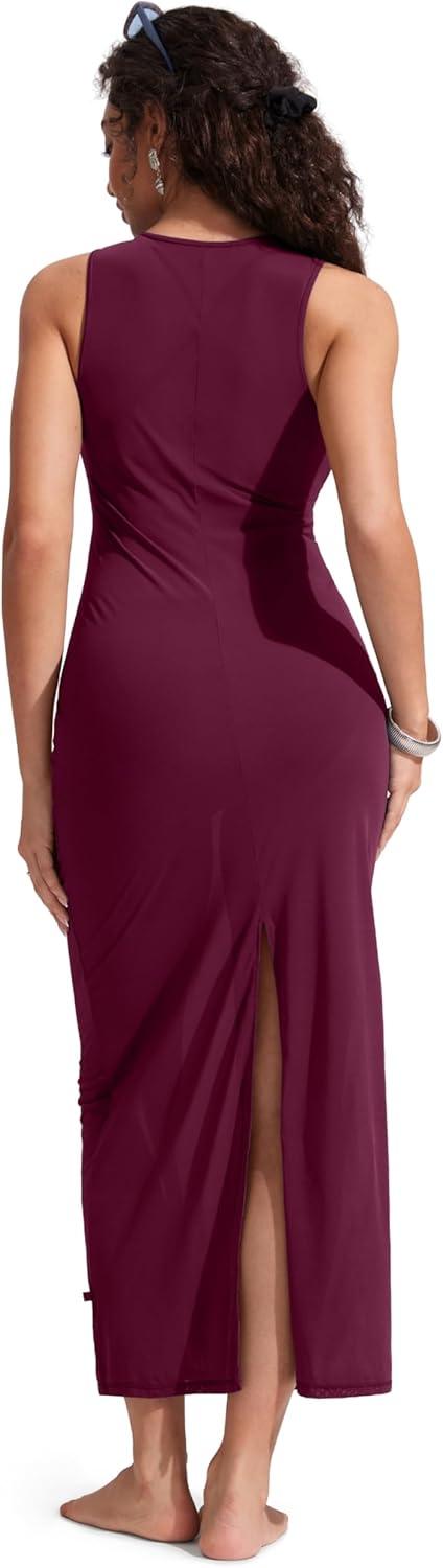 imageCRZ YOGA Mesh Maxi Cover Up Dress for Women Sleeveless Swim Bathing Suit Beach Coverups with Back SlitFuchsia