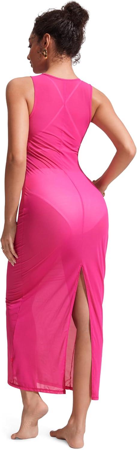 imageCRZ YOGA Mesh Maxi Cover Up Dress for Women Sleeveless Swim Bathing Suit Beach Coverups with Back SlitGranita Pink
