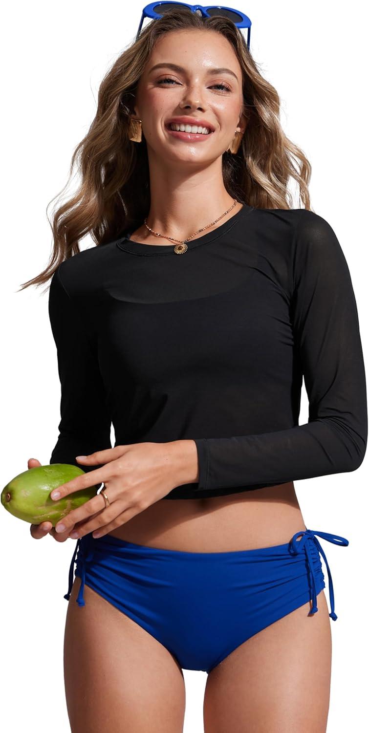 imageCRZ YOGA Mesh Pullover Crop Cover Ups for Women High Neck Long Sleeve Swimsuit Bathing Bikini Coverups TopsBlack