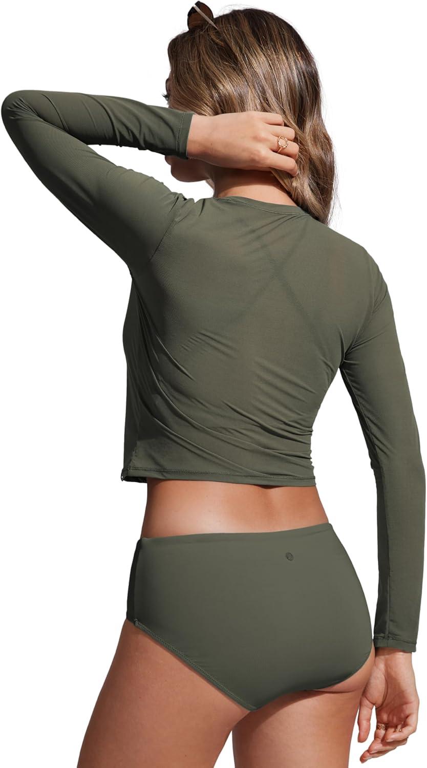 imageCRZ YOGA Mesh Pullover Crop Cover Ups for Women High Neck Long Sleeve Swimsuit Bathing Bikini Coverups TopsDark Olive