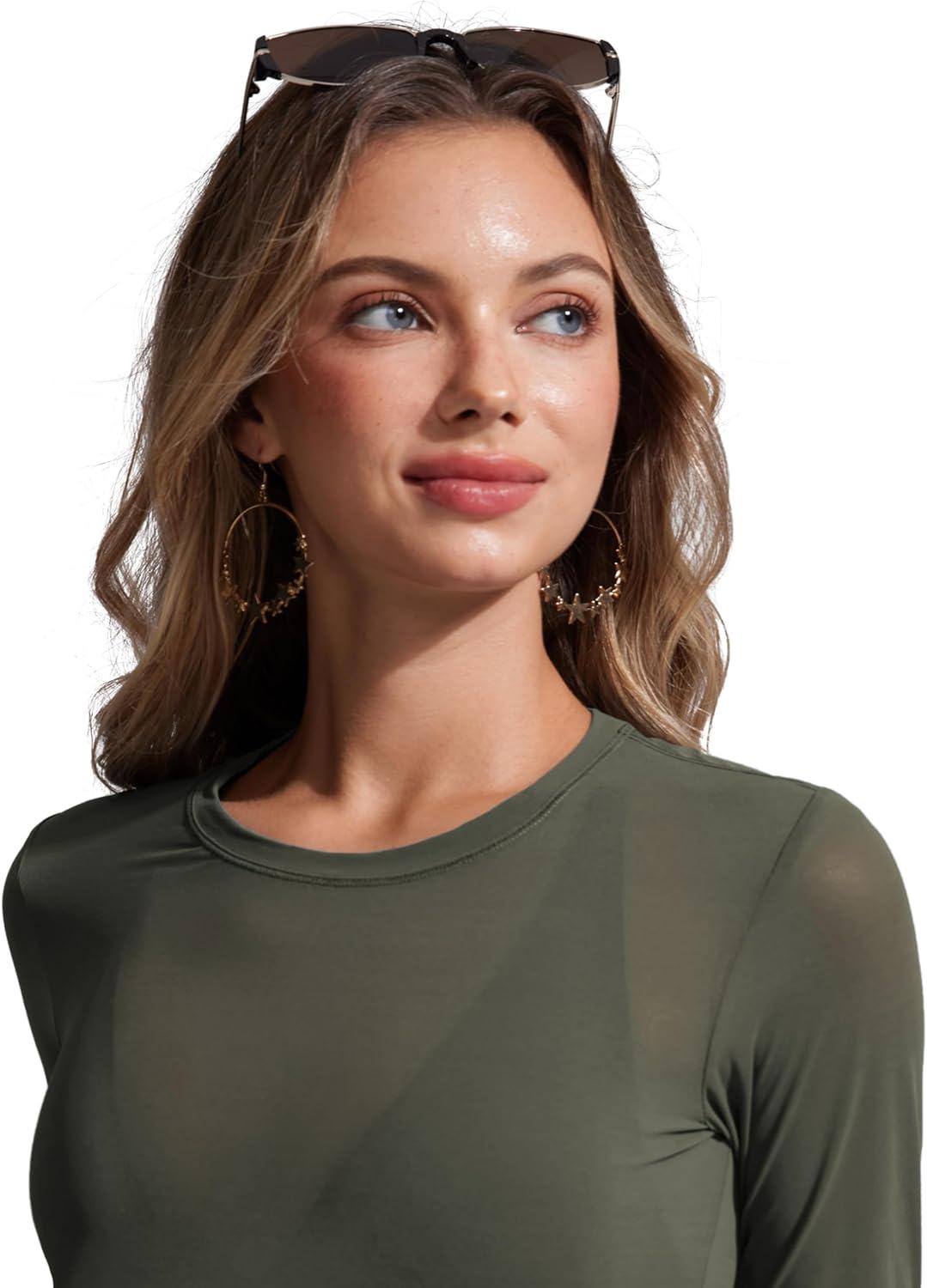 imageCRZ YOGA Mesh Pullover Crop Cover Ups for Women High Neck Long Sleeve Swimsuit Bathing Bikini Coverups TopsDark Olive