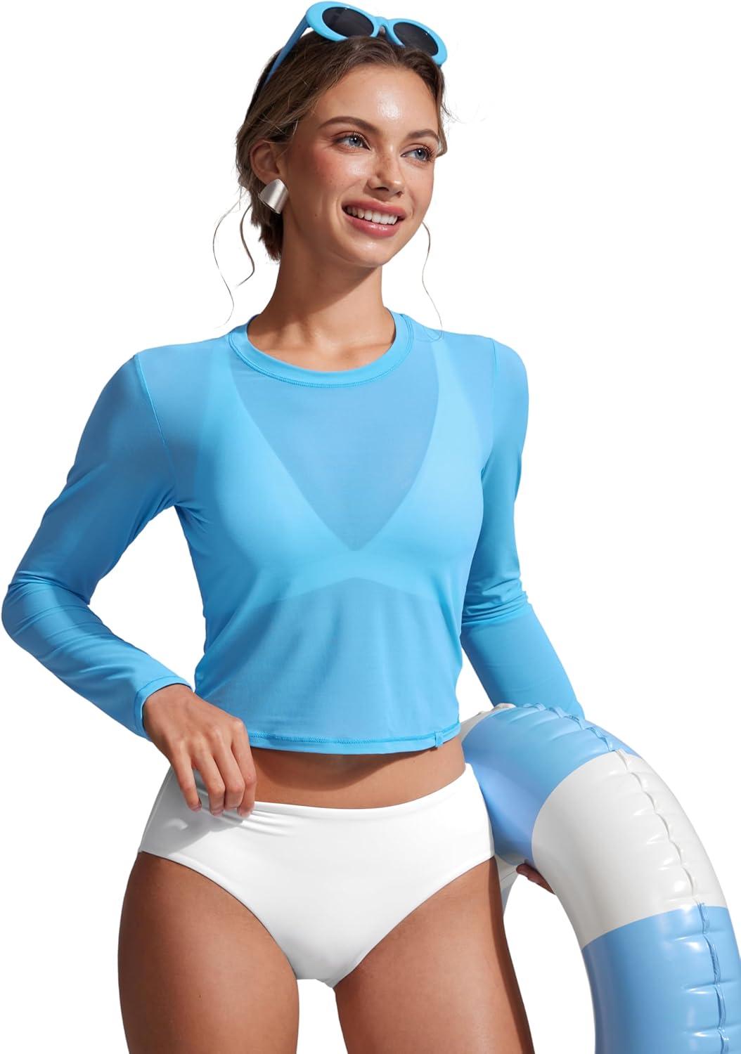 imageCRZ YOGA Mesh Pullover Crop Cover Ups for Women High Neck Long Sleeve Swimsuit Bathing Bikini Coverups TopsKayak Blue