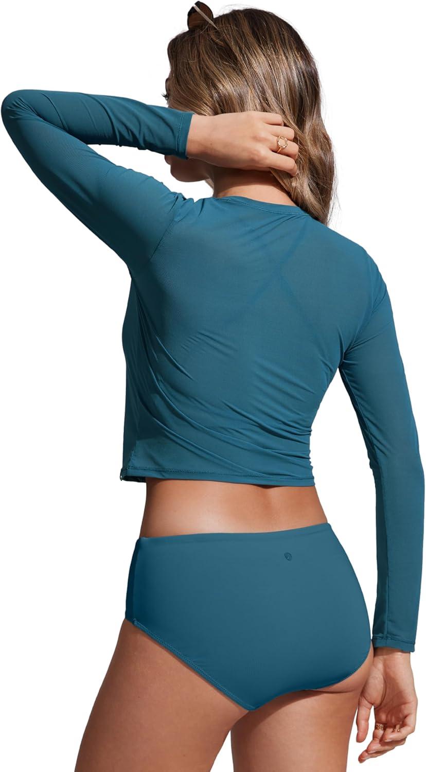 imageCRZ YOGA Mesh Pullover Crop Cover Ups for Women High Neck Long Sleeve Swimsuit Bathing Bikini Coverups TopsSapphire Blue