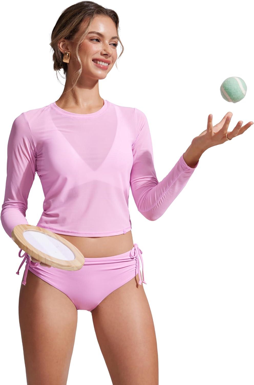 imageCRZ YOGA Mesh Pullover Crop Cover Ups for Women High Neck Long Sleeve Swimsuit Bathing Bikini Coverups TopsVita Pink