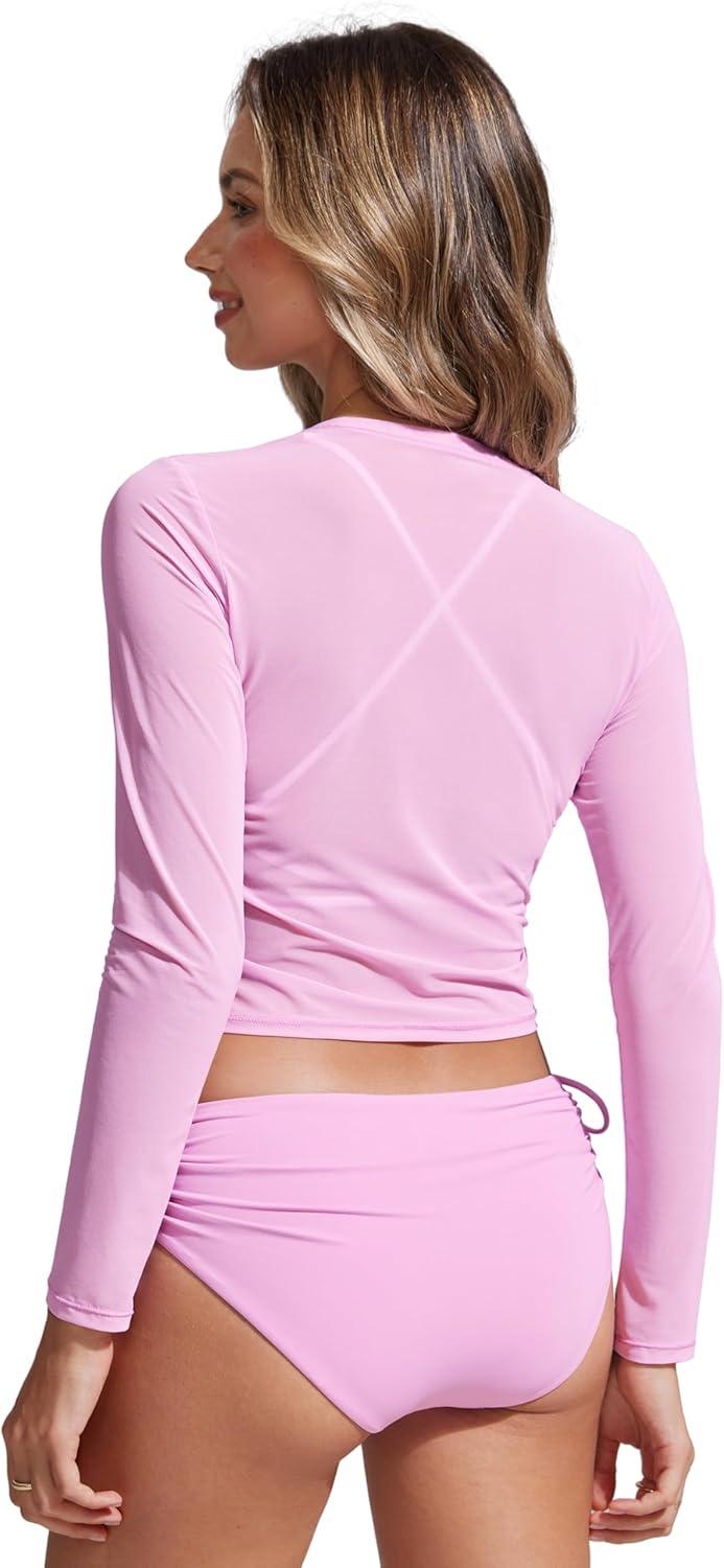 imageCRZ YOGA Mesh Pullover Crop Cover Ups for Women High Neck Long Sleeve Swimsuit Bathing Bikini Coverups TopsVita Pink