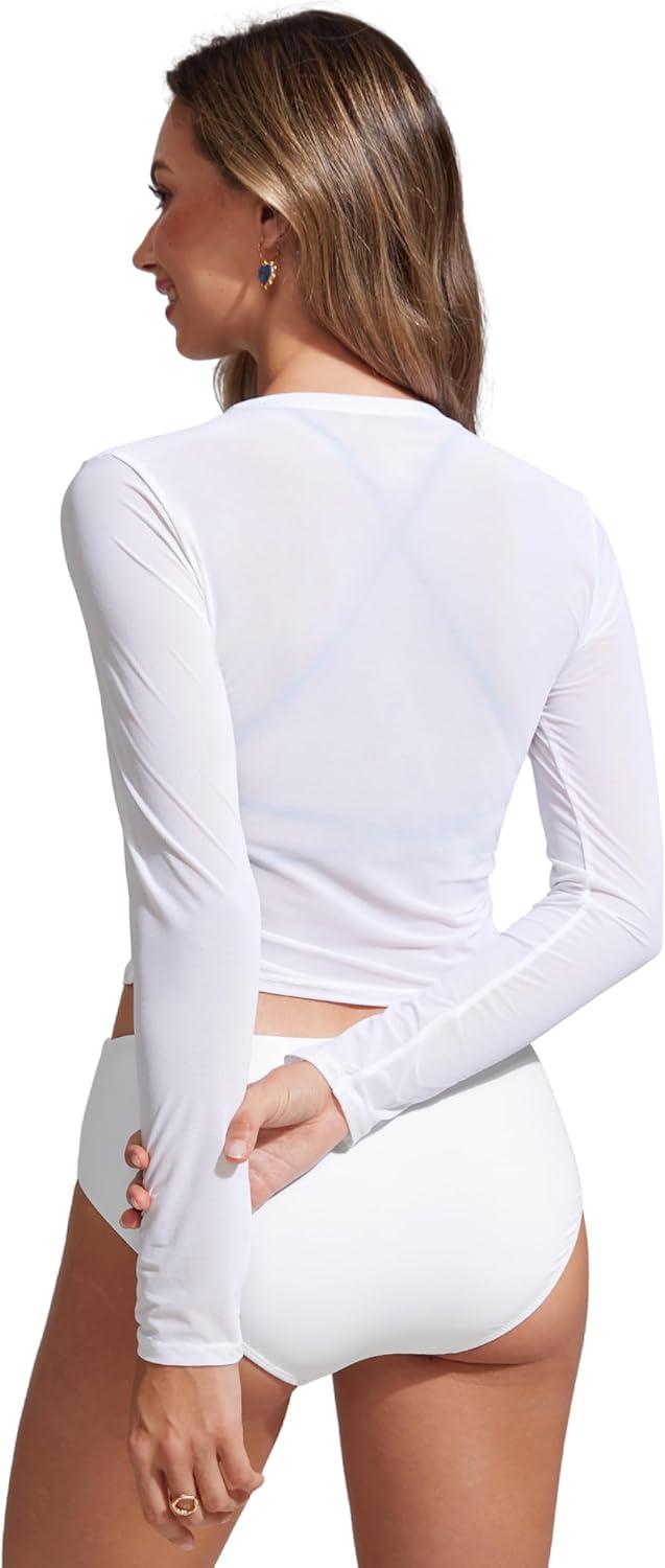 imageCRZ YOGA Mesh Pullover Crop Cover Ups for Women High Neck Long Sleeve Swimsuit Bathing Bikini Coverups TopsWhite