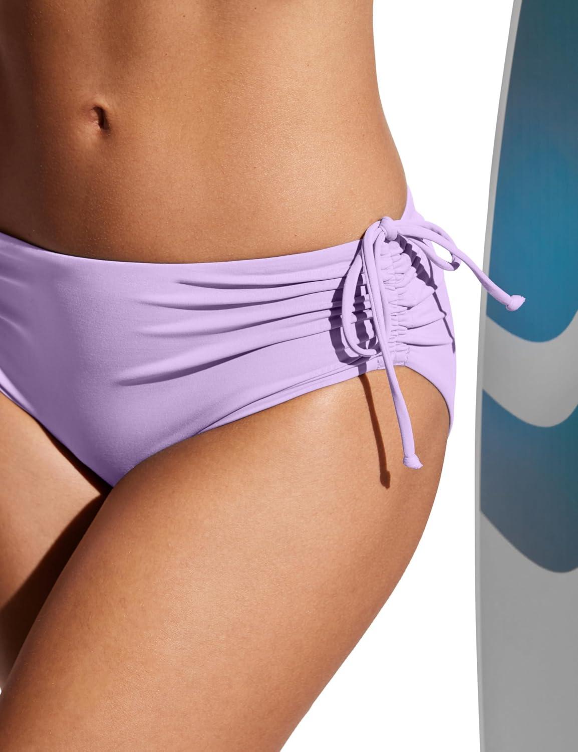 imageCRZ YOGA Mid Waisted Ruched Bikini Bottoms for Women Full Coverage Bathing Swimsuit Adjustable Side Tie Swim BriefsElfin Purple