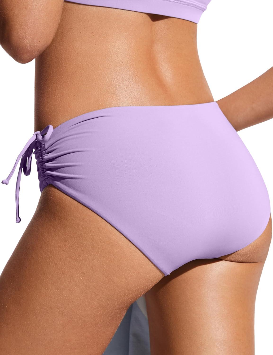 imageCRZ YOGA Mid Waisted Ruched Bikini Bottoms for Women Full Coverage Bathing Swimsuit Adjustable Side Tie Swim BriefsElfin Purple
