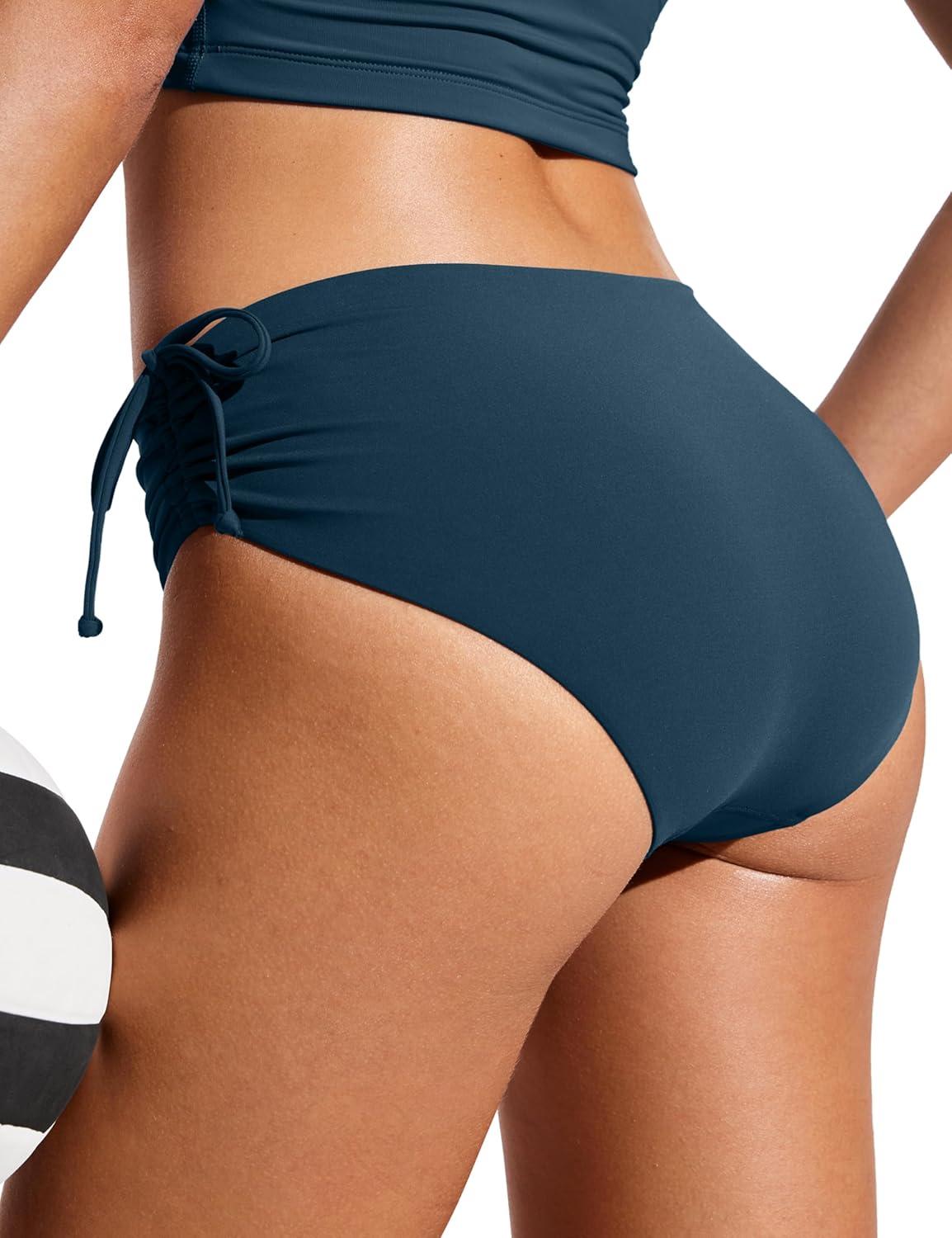 imageCRZ YOGA Mid Waisted Ruched Bikini Bottoms for Women Full Coverage Bathing Swimsuit Adjustable Side Tie Swim BriefsInsignia Blue