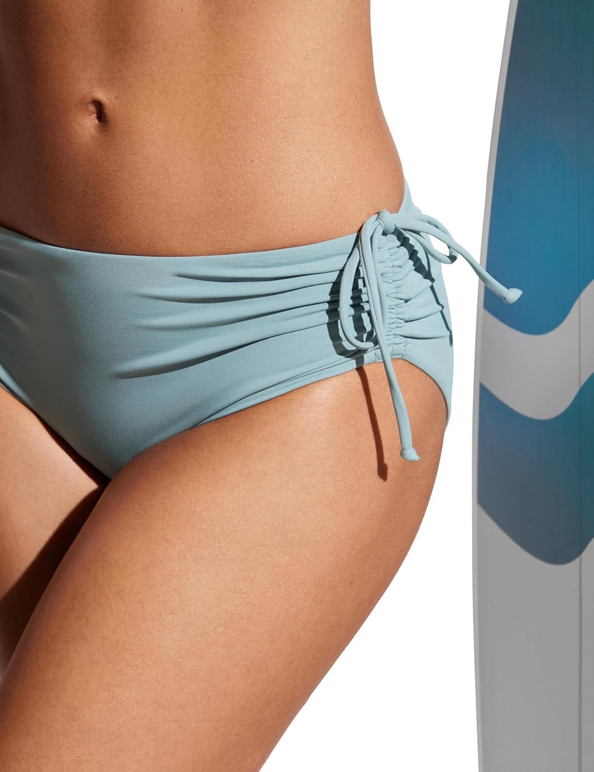imageCRZ YOGA Mid Waisted Ruched Bikini Bottoms for Women Full Coverage Bathing Swimsuit Adjustable Side Tie Swim BriefsLight Grayish Blue