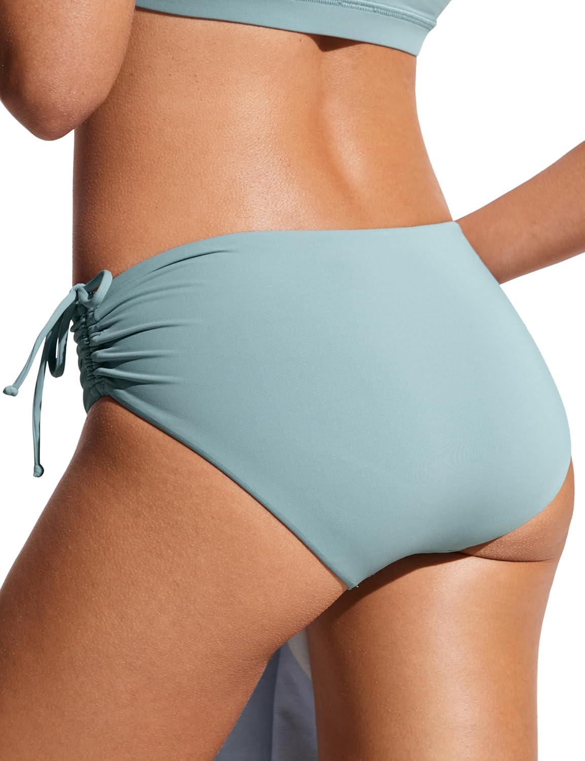 imageCRZ YOGA Mid Waisted Ruched Bikini Bottoms for Women Full Coverage Bathing Swimsuit Adjustable Side Tie Swim BriefsLight Grayish Blue