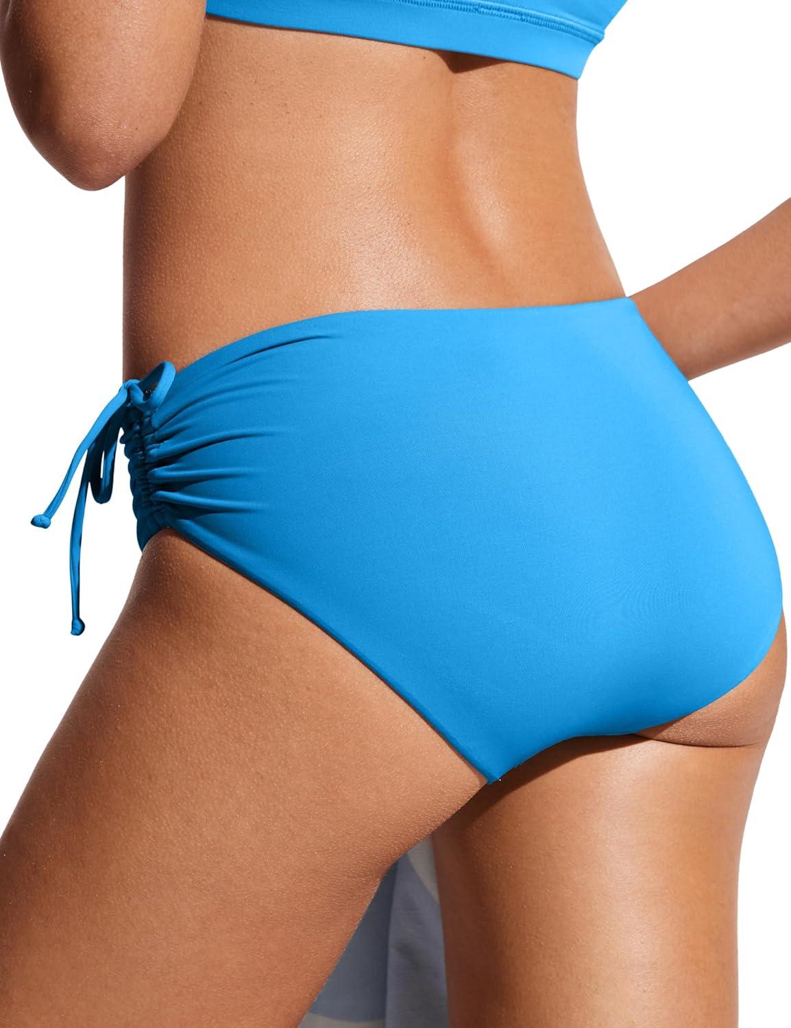 imageCRZ YOGA Mid Waisted Ruched Bikini Bottoms for Women Full Coverage Bathing Swimsuit Adjustable Side Tie Swim BriefsMadagascar Blue