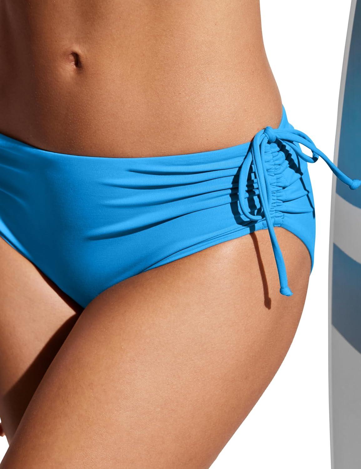 imageCRZ YOGA Mid Waisted Ruched Bikini Bottoms for Women Full Coverage Bathing Swimsuit Adjustable Side Tie Swim BriefsMadagascar Blue