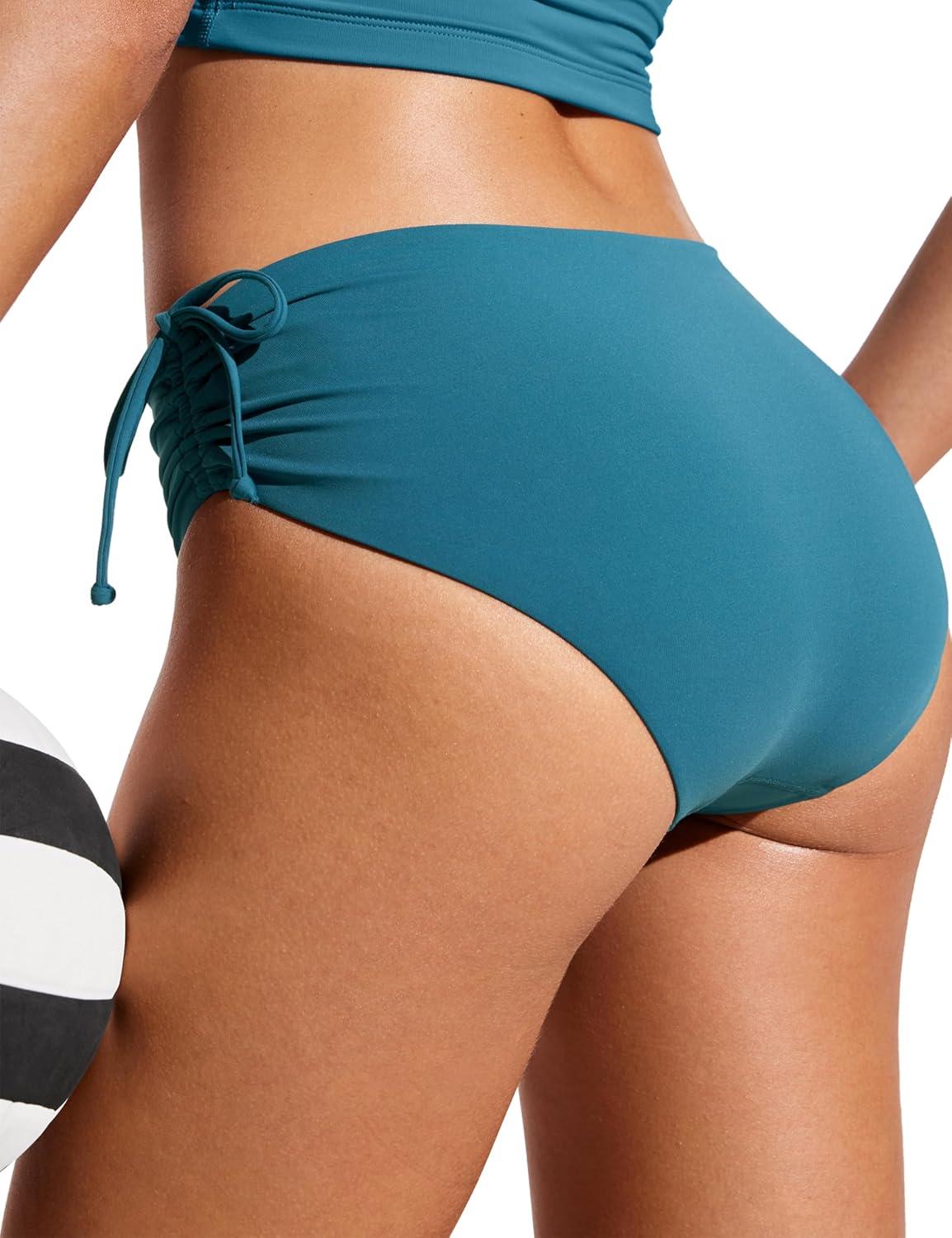 imageCRZ YOGA Mid Waisted Ruched Bikini Bottoms for Women Full Coverage Bathing Swimsuit Adjustable Side Tie Swim BriefsSapphire Blue