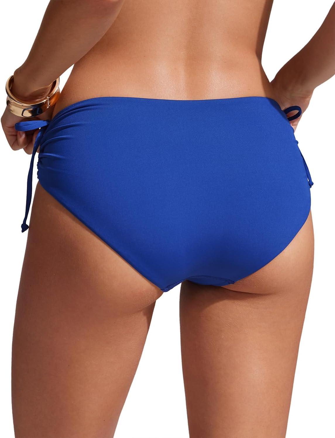 imageCRZ YOGA Mid Waisted Ruched Bikini Bottoms for Women Full Coverage Bathing Swimsuit Adjustable Side Tie Swim BriefsWaves Blue