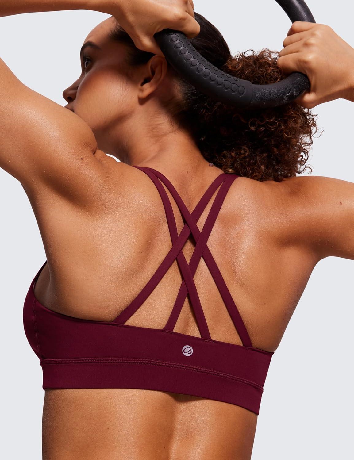 imageCRZ YOGA Naked Feeling Strappy Padded Sports Bras for Women Fitness Workout Top Criss Cross Back Yoga CamiRed Merlot
