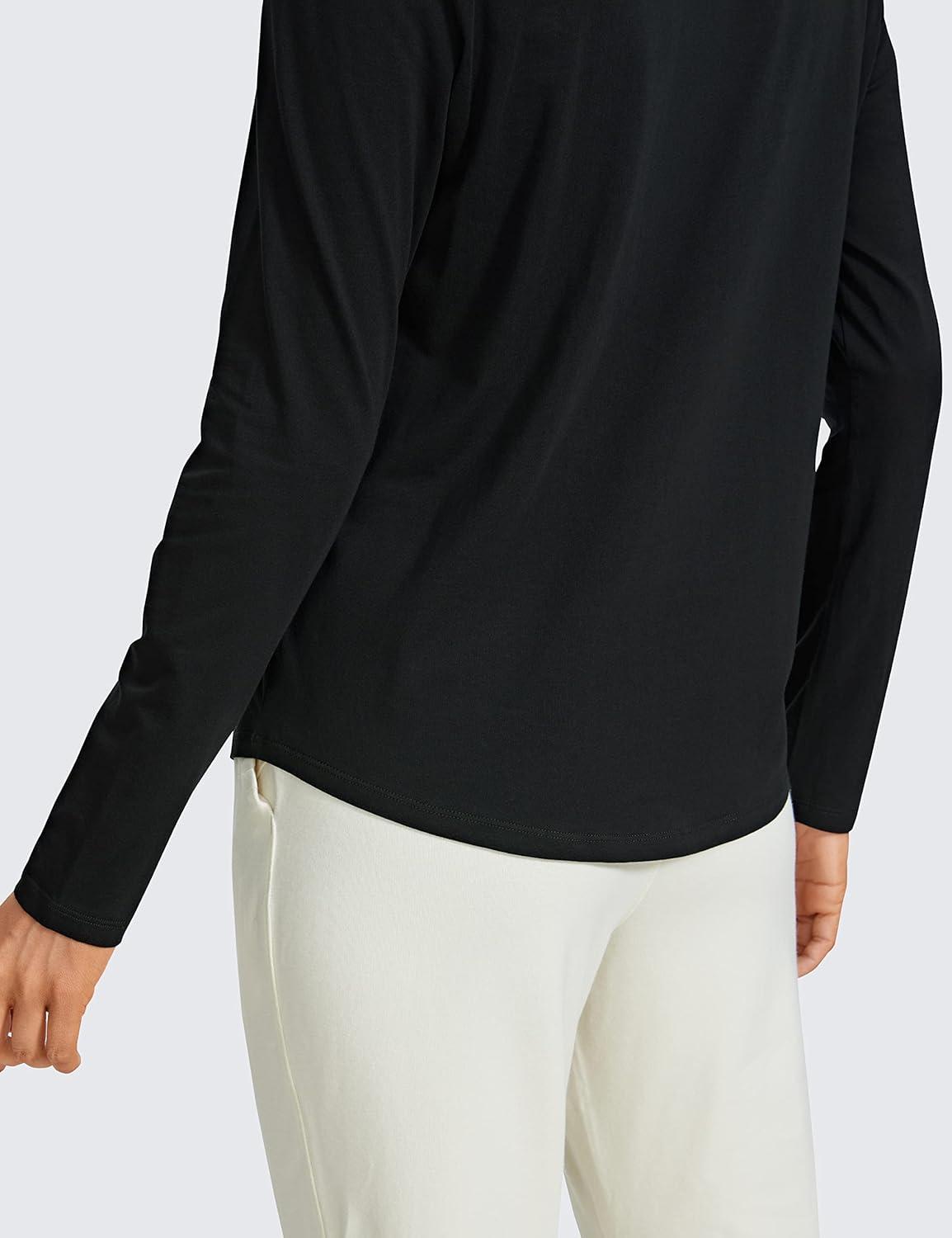 imageCRZ YOGA Pima Cotton Crewneck Long Sleeve Shirts for Women Workout Athletic Yoga Casual Tops Soft Plain TShirtBlack