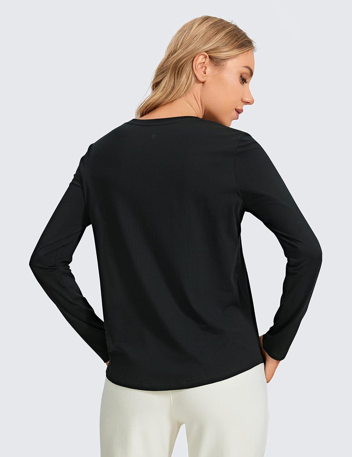 imageCRZ YOGA Pima Cotton Crewneck Long Sleeve Shirts for Women Workout Athletic Yoga Casual Tops Soft Plain TShirtBlack