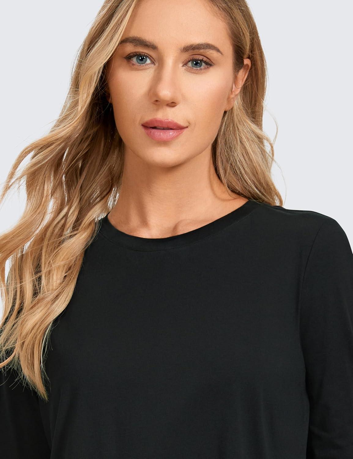 imageCRZ YOGA Pima Cotton Crewneck Long Sleeve Shirts for Women Workout Athletic Yoga Casual Tops Soft Plain TShirtBlack