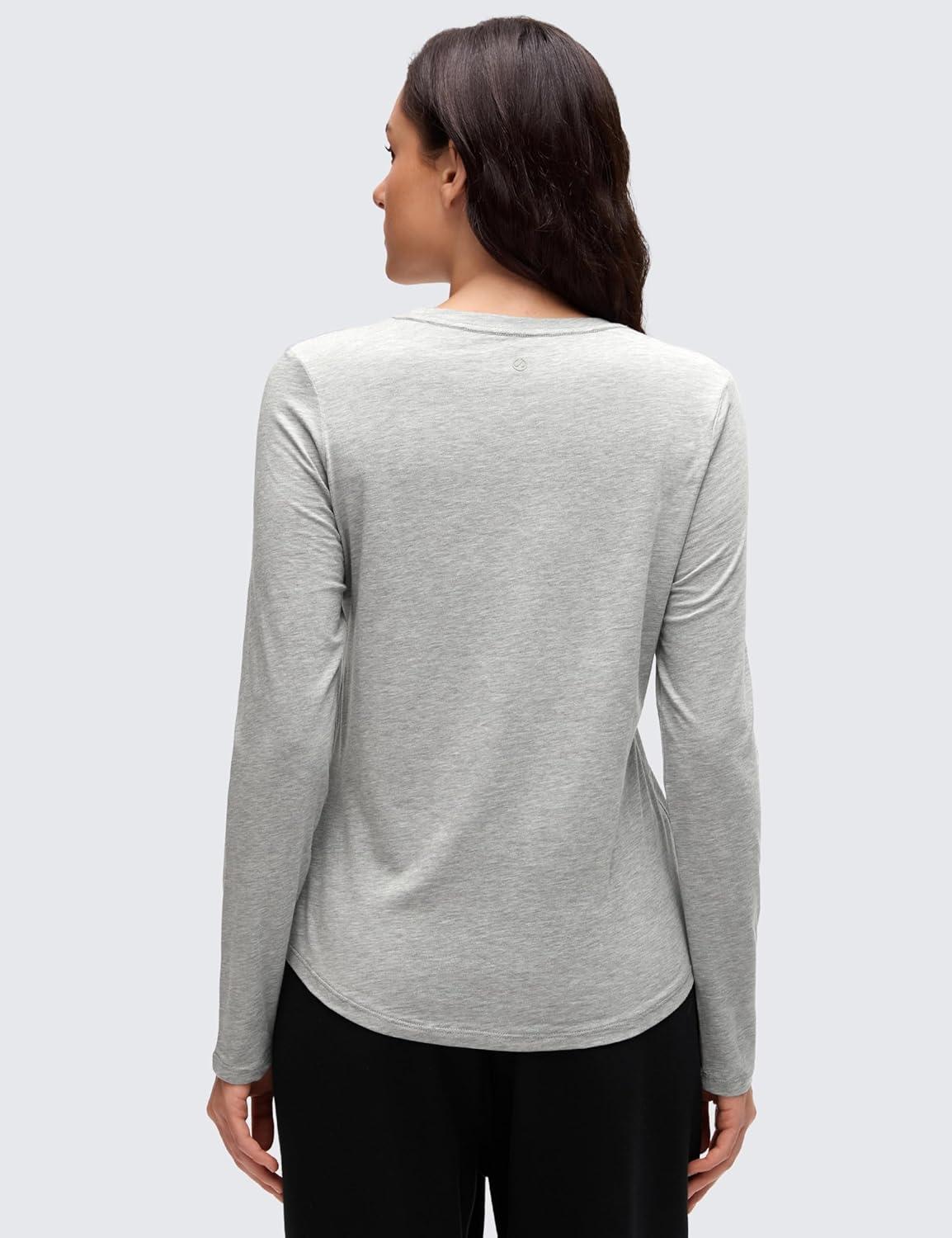 imageCRZ YOGA Pima Cotton Crewneck Long Sleeve Shirts for Women Workout Athletic Yoga Casual Tops Soft Plain TShirtHeathered Medium Grey