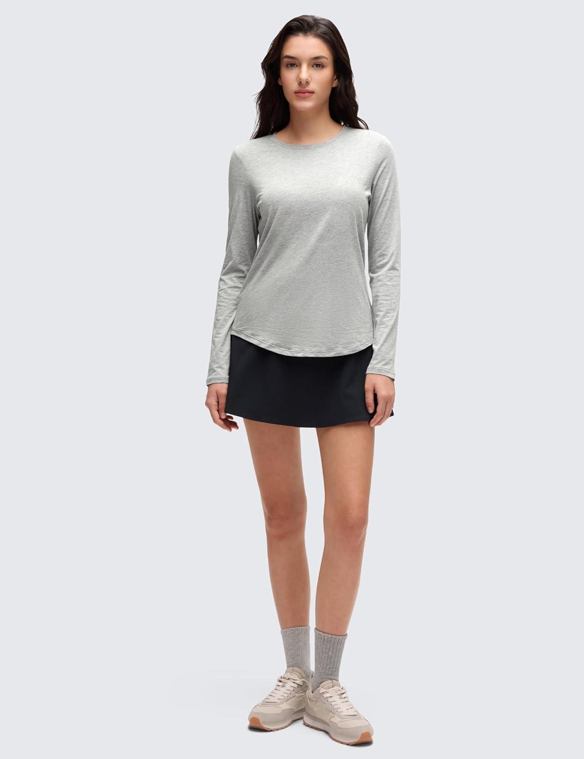 imageCRZ YOGA Pima Cotton Crewneck Long Sleeve Shirts for Women Workout Athletic Yoga Casual Tops Soft Plain TShirtHeathered Medium Grey