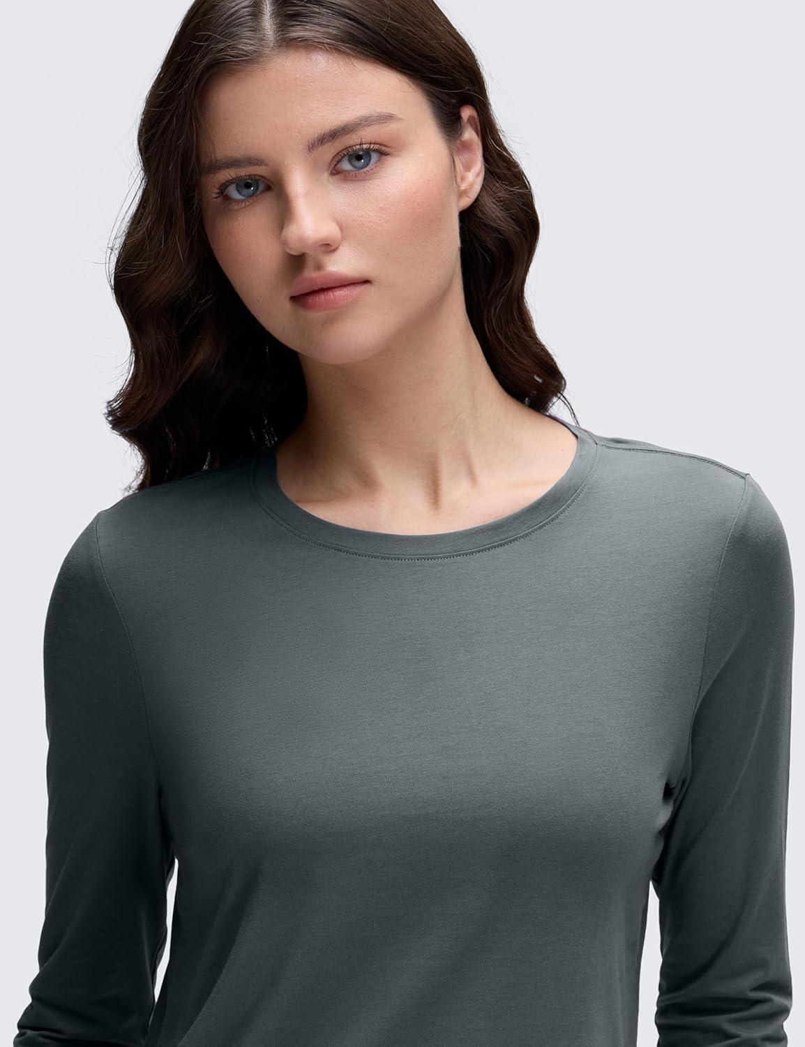 imageCRZ YOGA Pima Cotton Crewneck Long Sleeve Shirts for Women Workout Athletic Yoga Casual Tops Soft Plain TShirtLava Smoke Grey