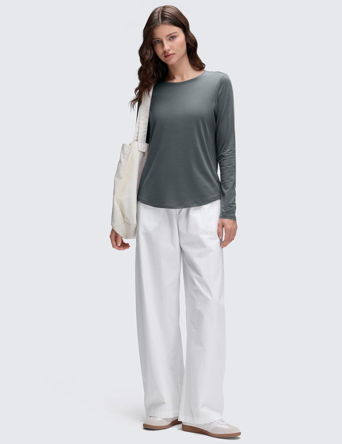 imageCRZ YOGA Pima Cotton Crewneck Long Sleeve Shirts for Women Workout Athletic Yoga Casual Tops Soft Plain TShirtLava Smoke Grey