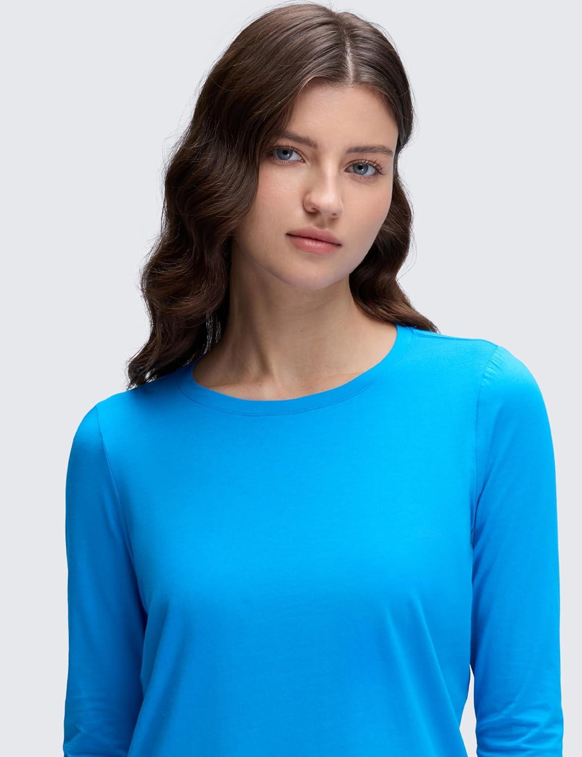 imageCRZ YOGA Pima Cotton Crewneck Long Sleeve Shirts for Women Workout Athletic Yoga Casual Tops Soft Plain TShirtMadagascar Blue