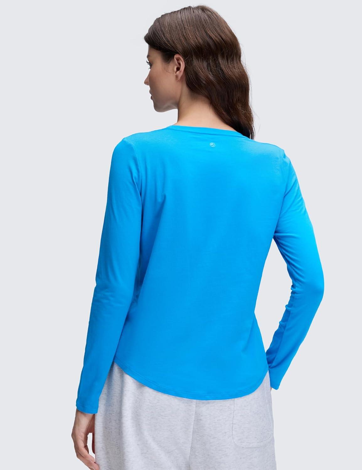 imageCRZ YOGA Pima Cotton Crewneck Long Sleeve Shirts for Women Workout Athletic Yoga Casual Tops Soft Plain TShirtMadagascar Blue