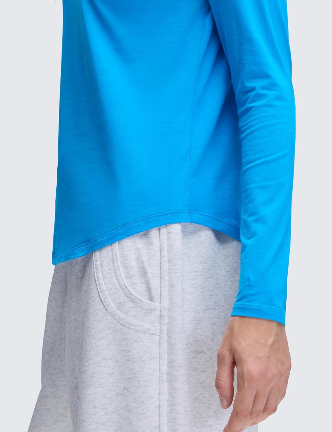 imageCRZ YOGA Pima Cotton Crewneck Long Sleeve Shirts for Women Workout Athletic Yoga Casual Tops Soft Plain TShirtMadagascar Blue