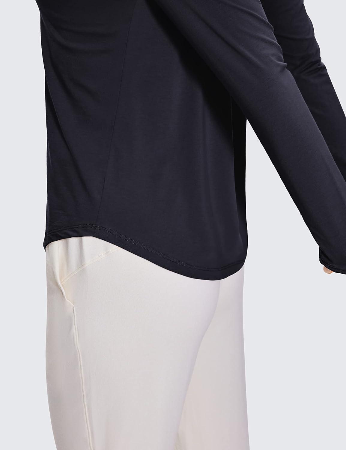 imageCRZ YOGA Pima Cotton Crewneck Long Sleeve Shirts for Women Workout Athletic Yoga Casual Tops Soft Plain TShirtNavy