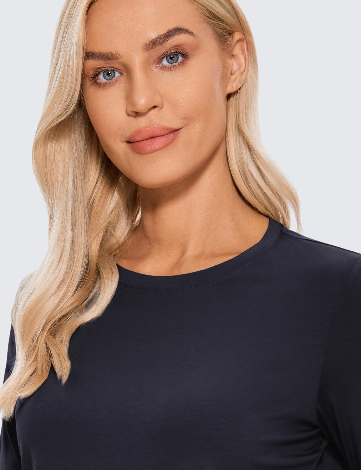 imageCRZ YOGA Pima Cotton Crewneck Long Sleeve Shirts for Women Workout Athletic Yoga Casual Tops Soft Plain TShirtNavy