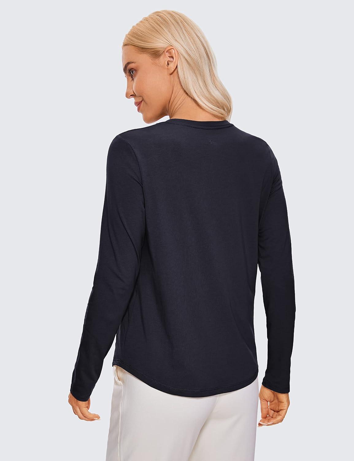 imageCRZ YOGA Pima Cotton Crewneck Long Sleeve Shirts for Women Workout Athletic Yoga Casual Tops Soft Plain TShirtNavy